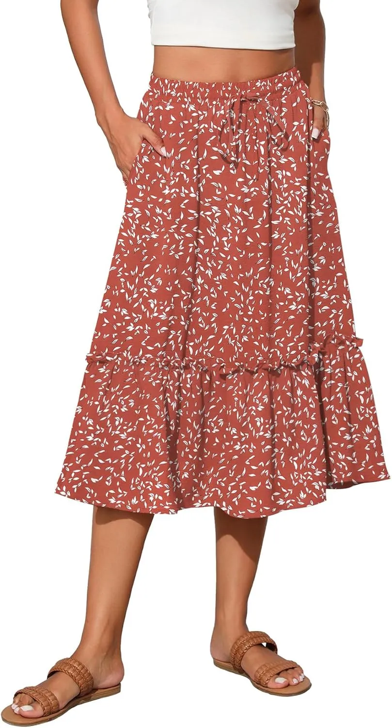 High Waist Tiered Skirts for Women Flowy Skirts for Women Below Knee with Pockets 2025 Fashion Trendy