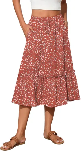 High Waist Tiered Skirts for Women Flowy Skirts for Women Below Knee with Pockets 2025 Fashion Trendy