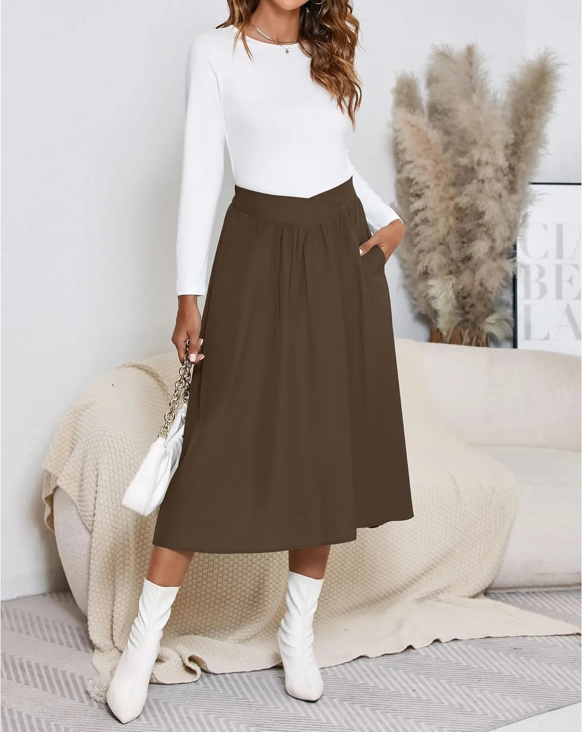 High Waisted Midi Skirts Knee Length Flared Skirts for Women with Pockets Skirts for Women Trendy Summer
