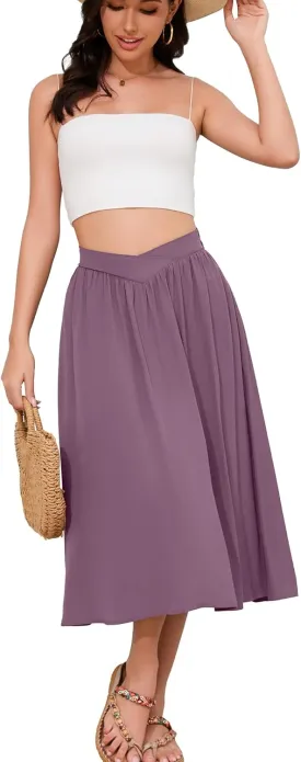 High Waisted Midi Skirts Knee Length Flared Skirts for Women with Pockets Skirts for Women Trendy Summer