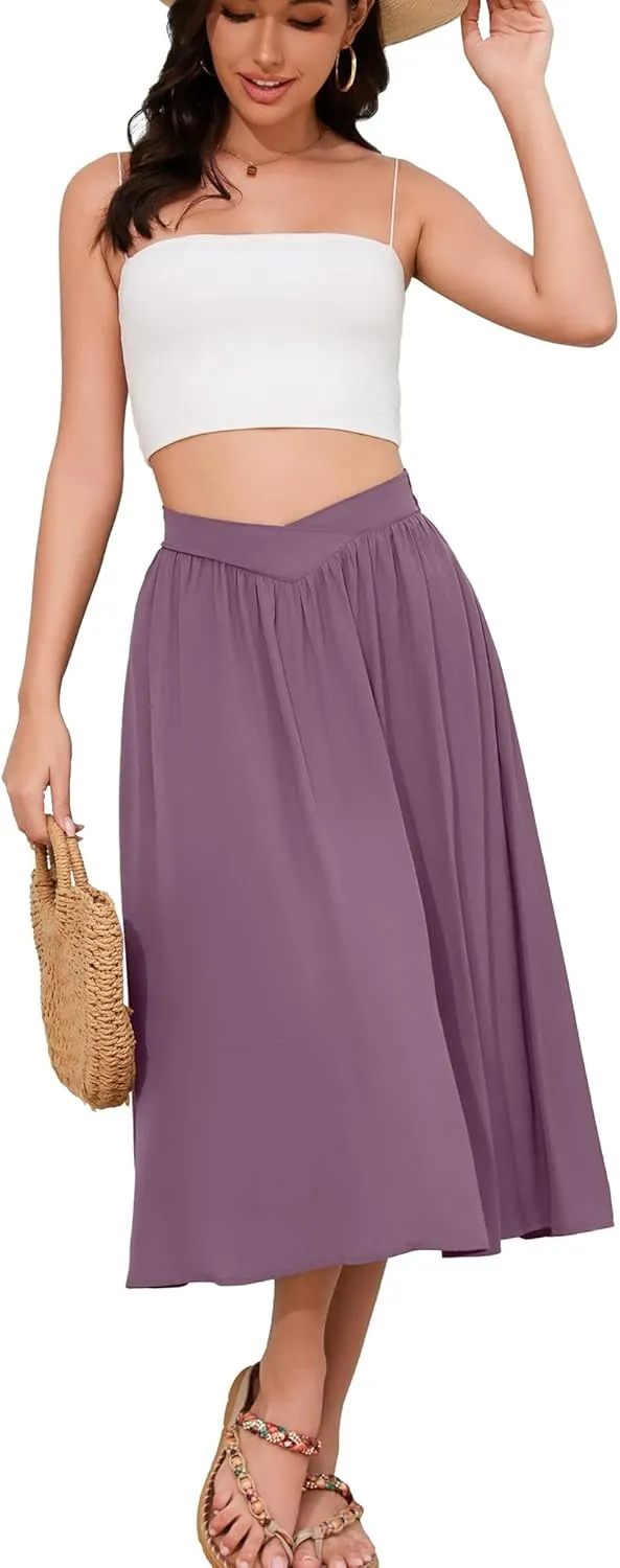 High Waisted Midi Skirts Knee Length Flared Skirts for Women with Pockets Skirts for Women Trendy Summer
