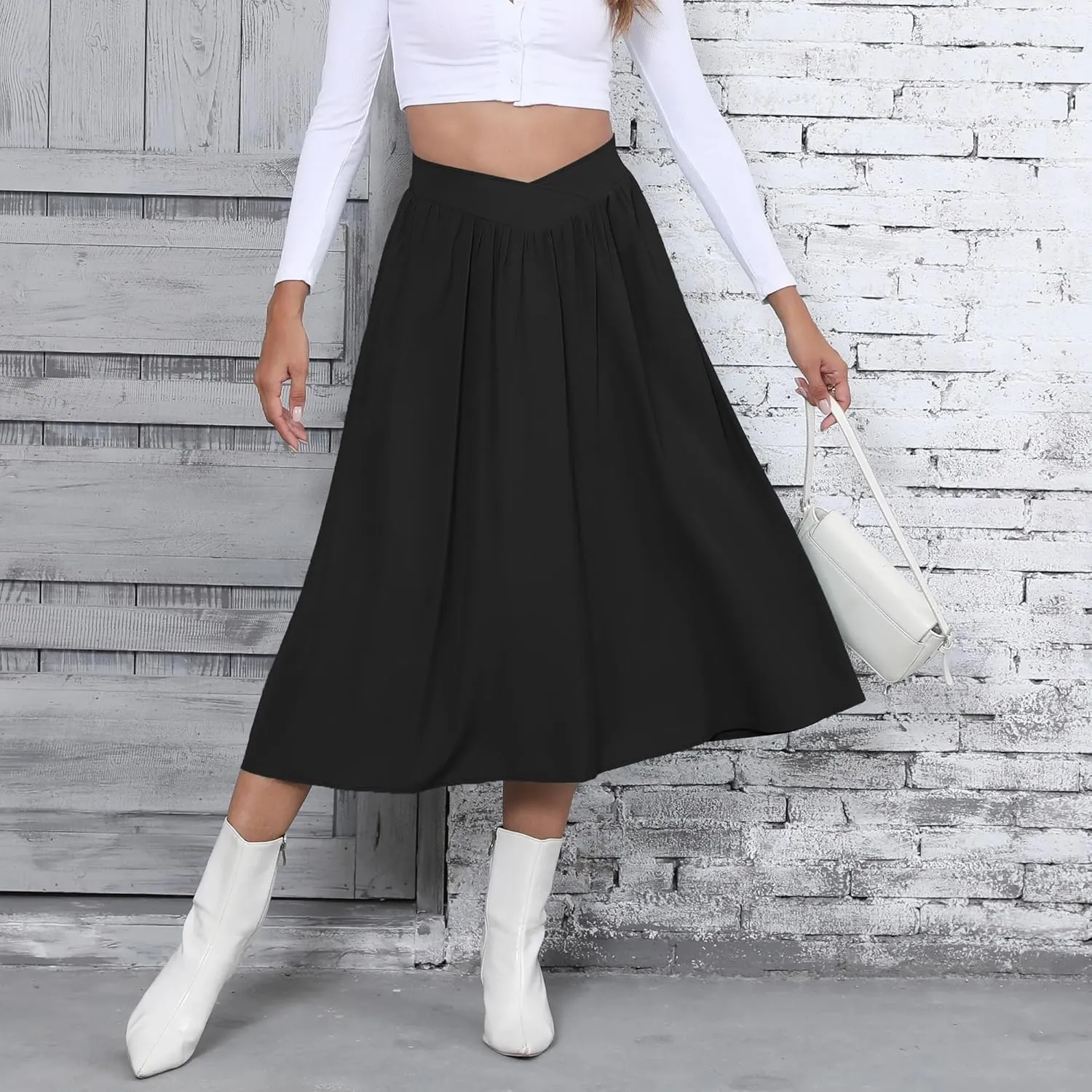 High Waisted Midi Skirts Knee Length Flared Skirts for Women with Pockets Skirts for Women Trendy Summer
