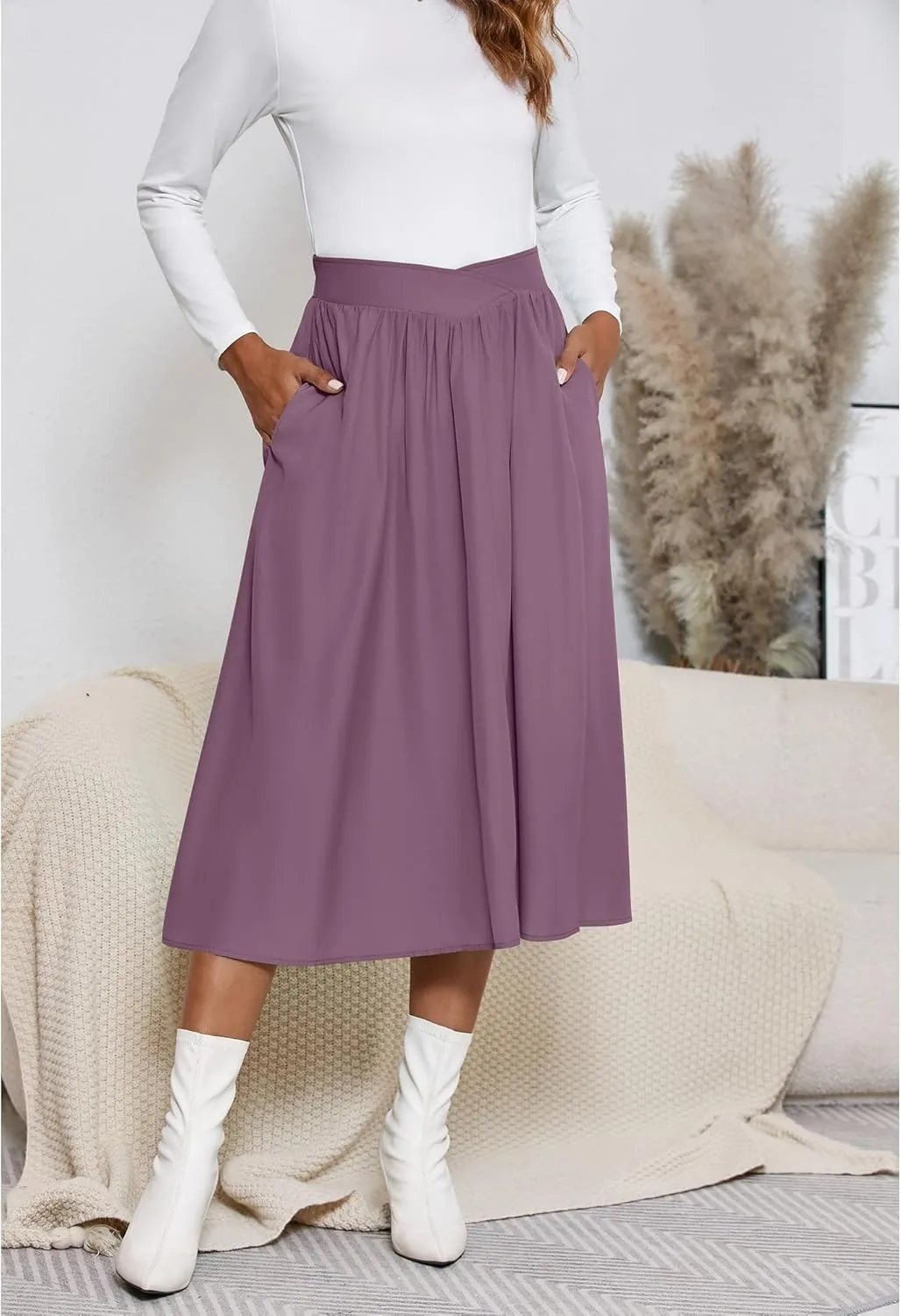 High Waisted Midi Skirts Knee Length Flared Skirts for Women with Pockets Skirts for Women Trendy Summer