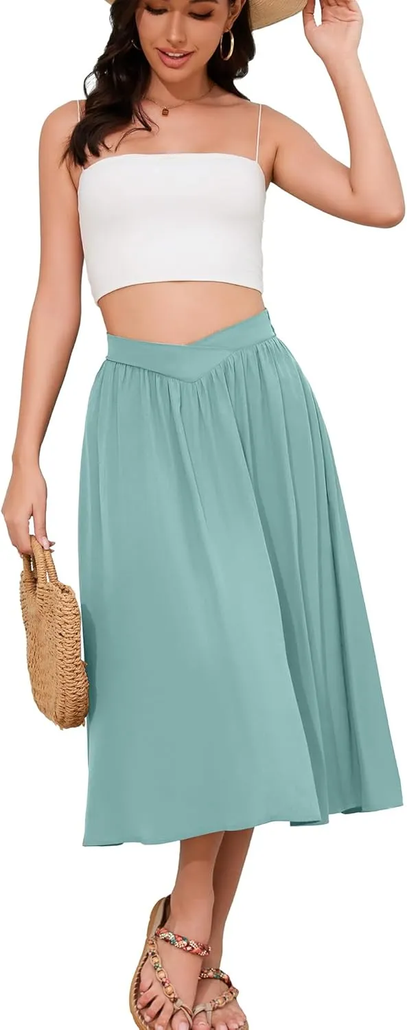 High Waisted Midi Skirts Knee Length Flared Skirts for Women with Pockets Skirts for Women Trendy Summer