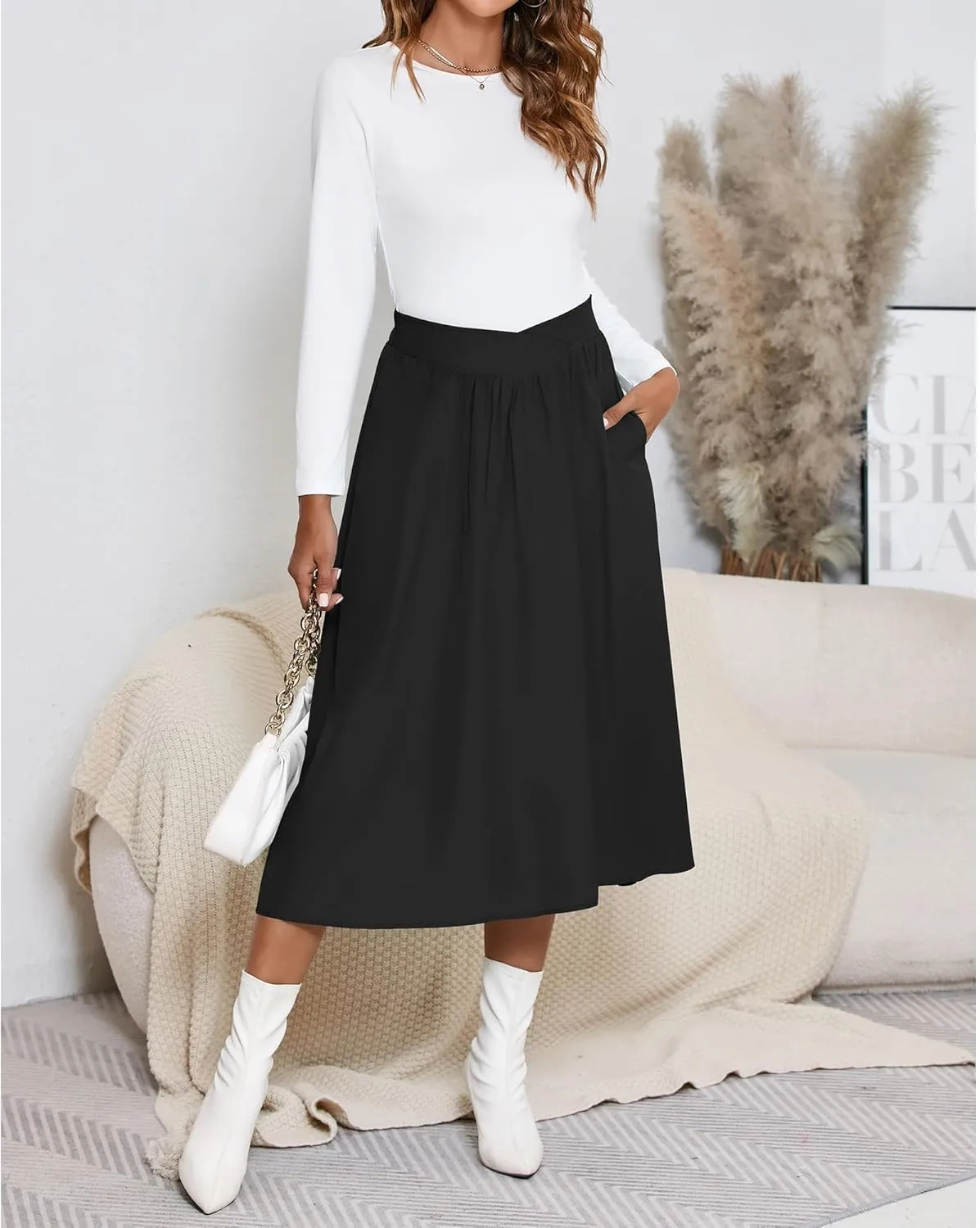 High Waisted Midi Skirts Knee Length Flared Skirts for Women with Pockets Skirts for Women Trendy Summer