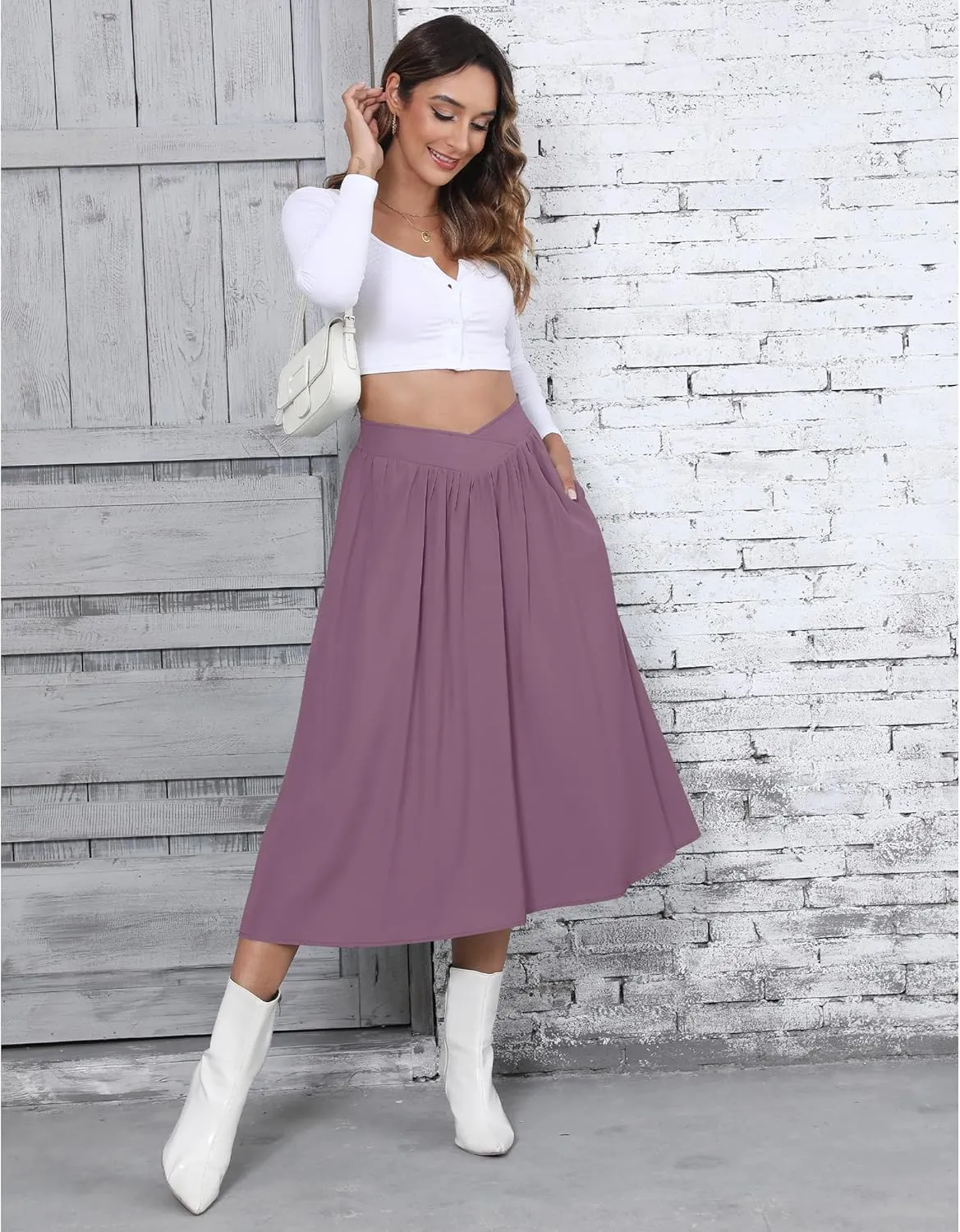 High Waisted Midi Skirts Knee Length Flared Skirts for Women with Pockets Skirts for Women Trendy Summer