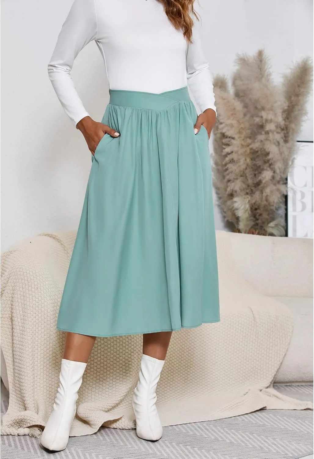 High Waisted Midi Skirts Knee Length Flared Skirts for Women with Pockets Skirts for Women Trendy Summer