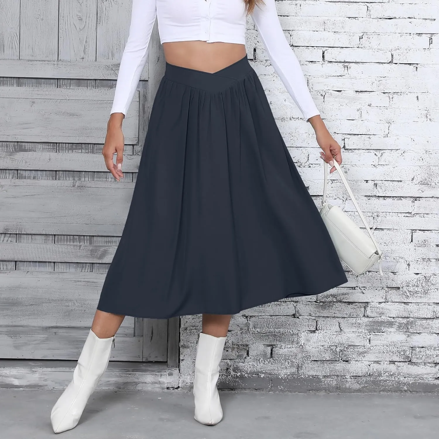 High Waisted Midi Skirts Knee Length Flared Skirts for Women with Pockets Skirts for Women Trendy Summer