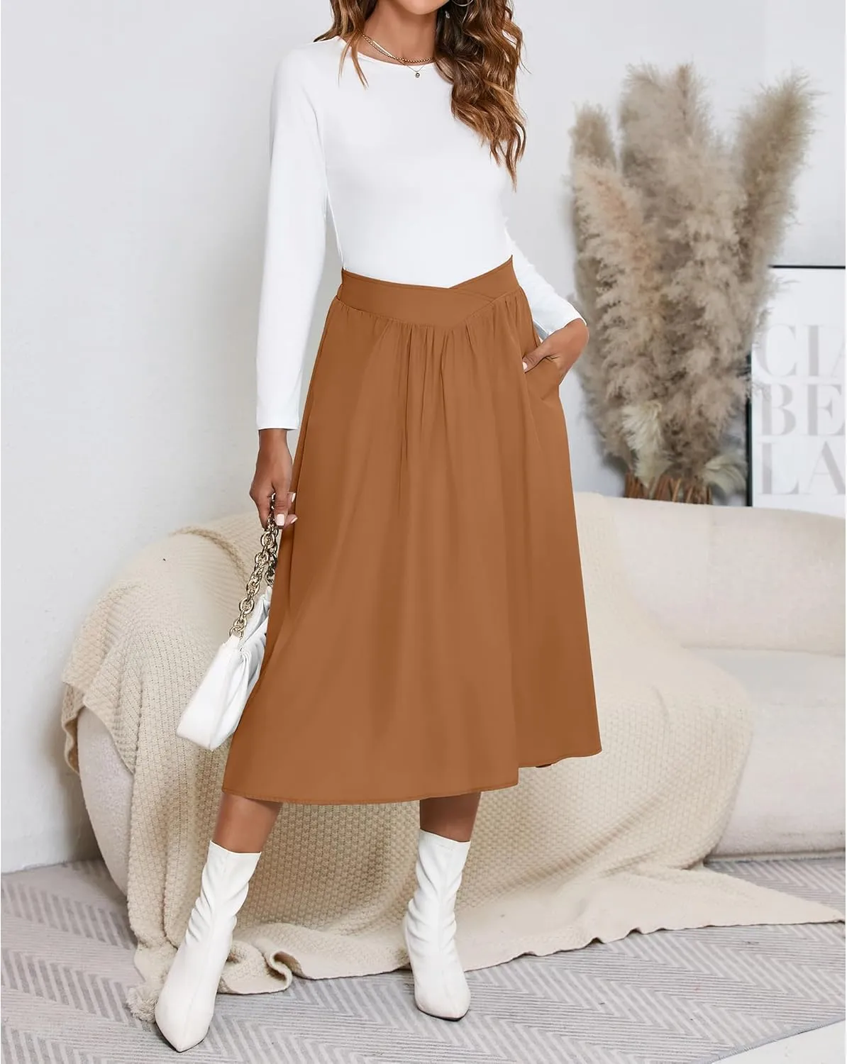 High Waisted Midi Skirts Knee Length Flared Skirts for Women with Pockets Skirts for Women Trendy Summer
