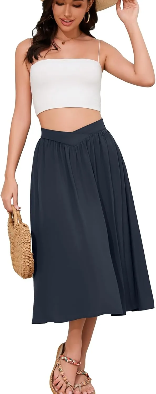 High Waisted Midi Skirts Knee Length Flared Skirts for Women with Pockets Skirts for Women Trendy Summer