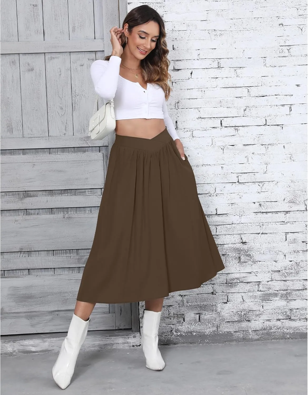 High Waisted Midi Skirts Knee Length Flared Skirts for Women with Pockets Skirts for Women Trendy Summer