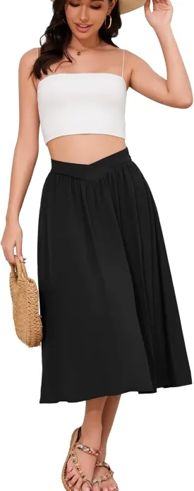 High Waisted Midi Skirts Knee Length Flared Skirts for Women with Pockets Skirts for Women Trendy Summer
