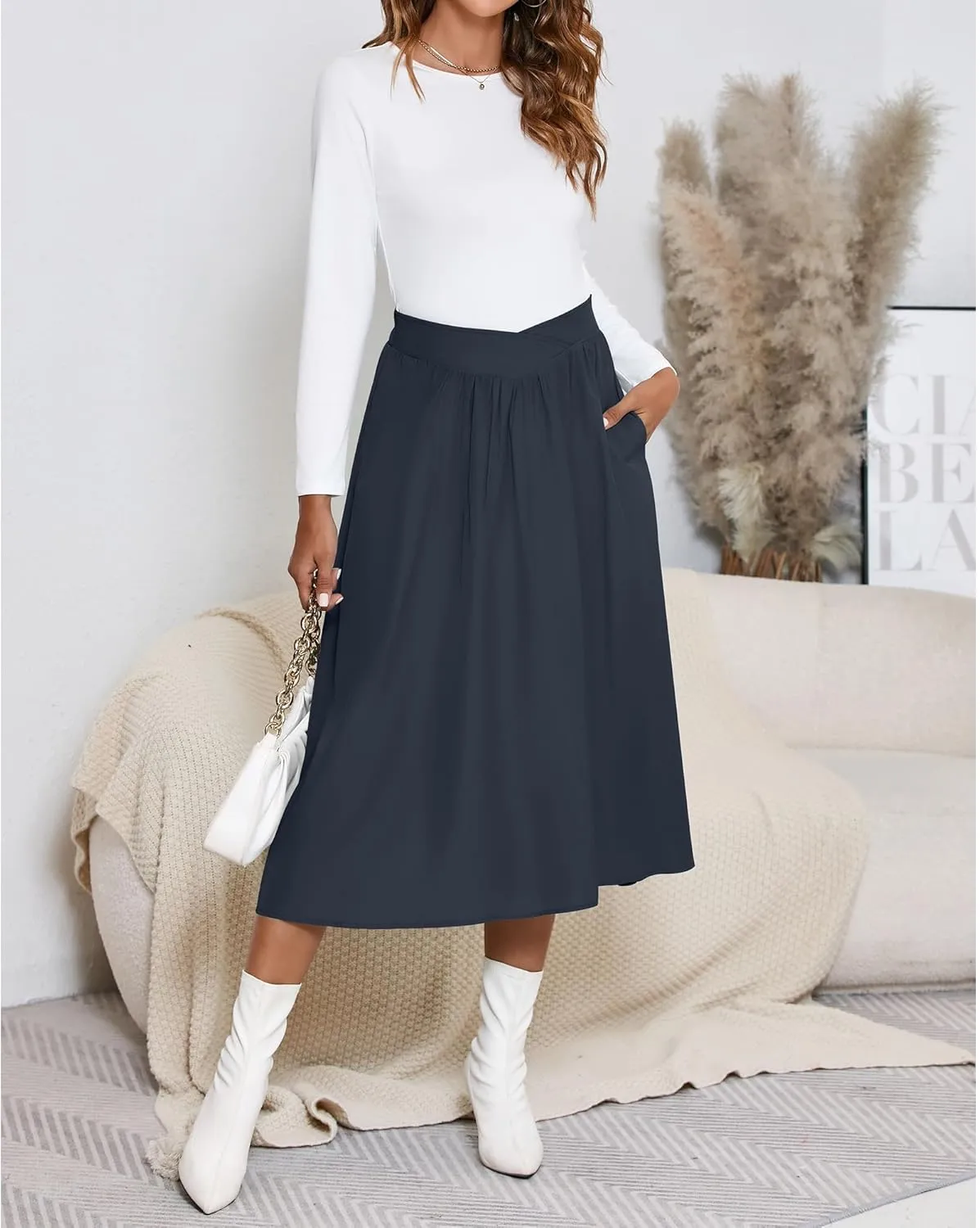 High Waisted Midi Skirts Knee Length Flared Skirts for Women with Pockets Skirts for Women Trendy Summer