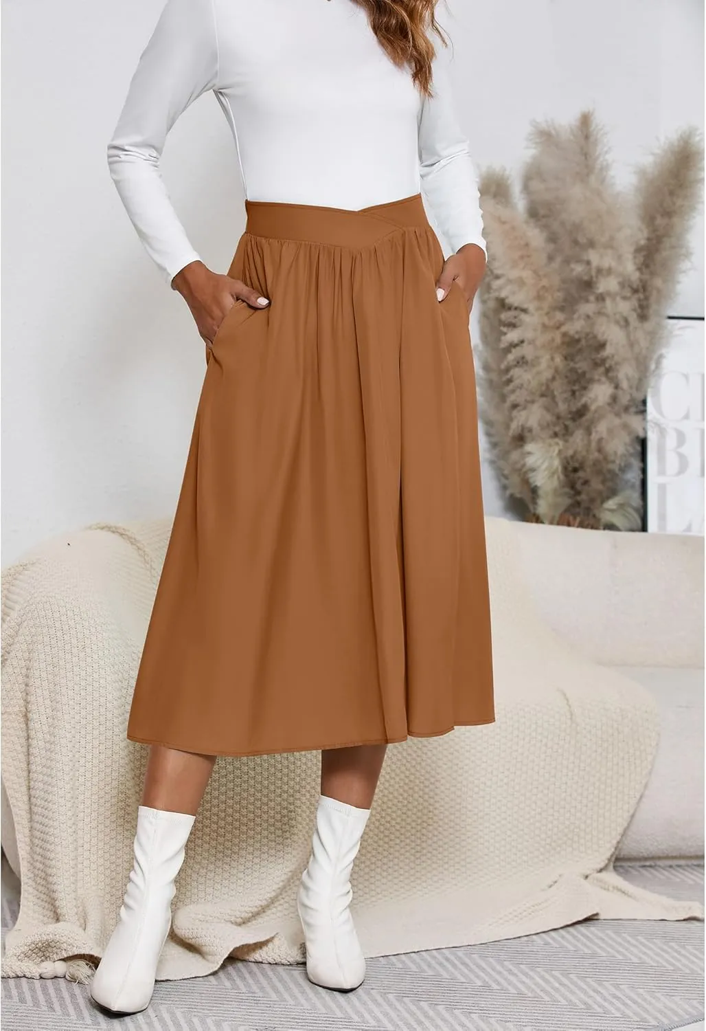 High Waisted Midi Skirts Knee Length Flared Skirts for Women with Pockets Skirts for Women Trendy Summer