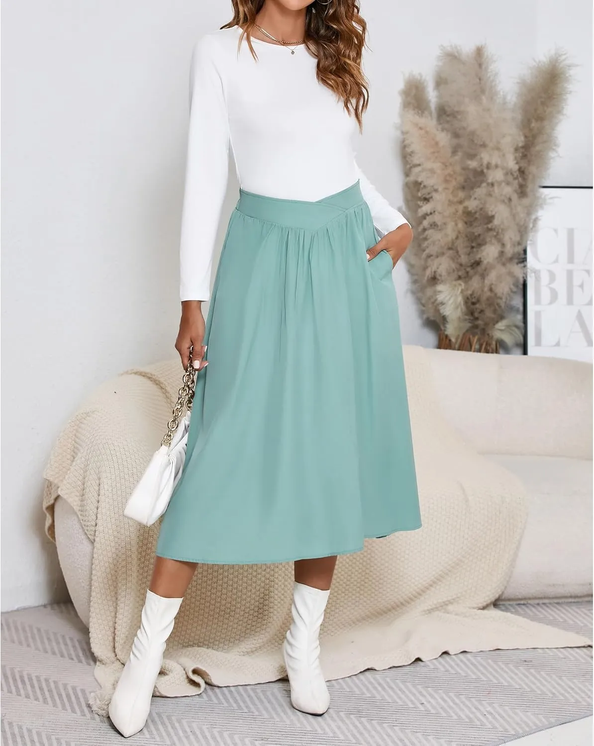 High Waisted Midi Skirts Knee Length Flared Skirts for Women with Pockets Skirts for Women Trendy Summer