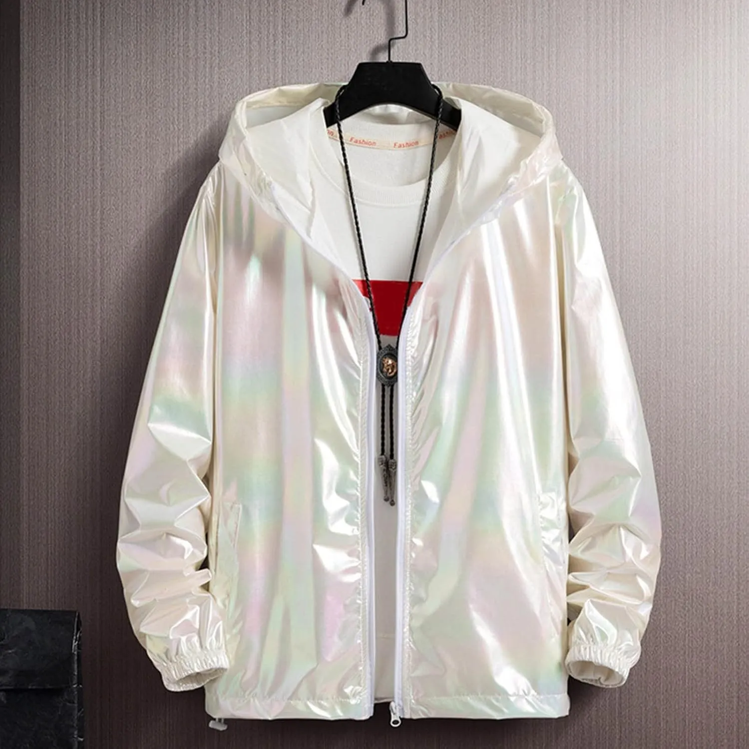Holographic Jackets for Men's Zipper Hooded Reflective Holographic Jackets Metallic Shiny Lightweight Sparkle Jacket