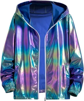 Holographic Jackets for Men's Zipper Hooded Reflective Holographic Jackets Metallic Shiny Lightweight Sparkle Jacket