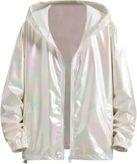 Holographic Jackets for Men's Zipper Hooded Reflective Holographic Jackets Metallic Shiny Lightweight Sparkle Jacket