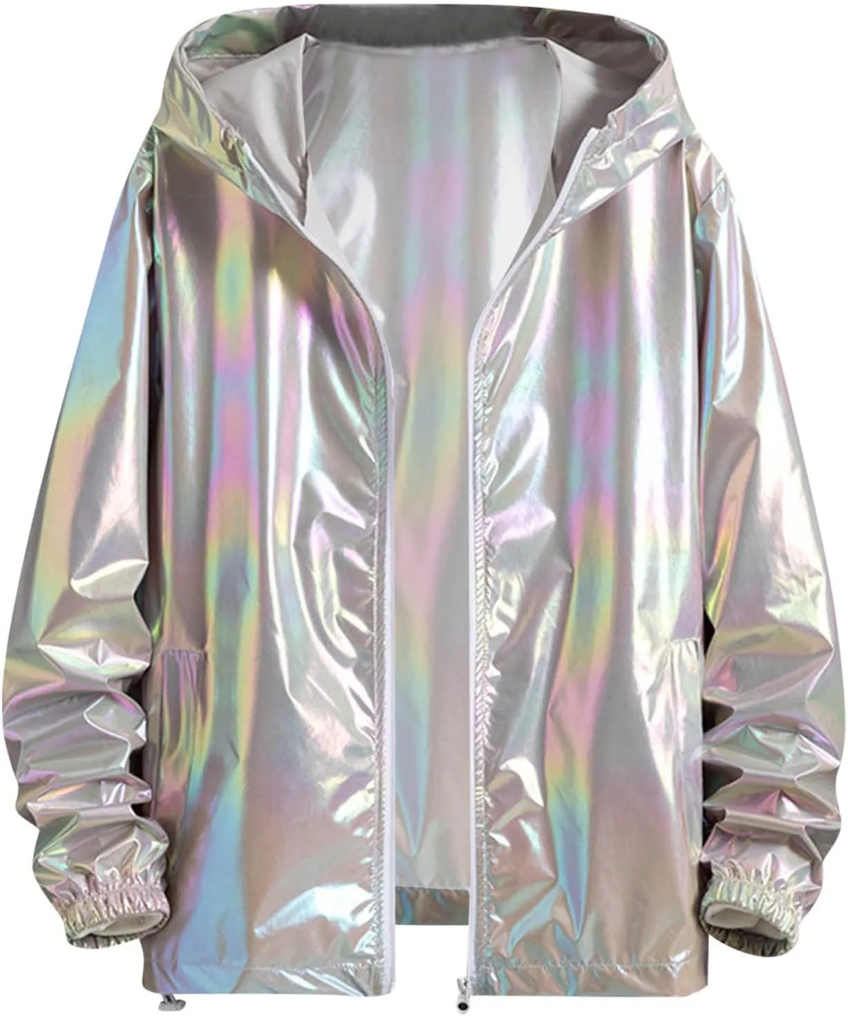 Holographic Jackets for Men's Zipper Hooded Reflective Holographic Jackets Metallic Shiny Lightweight Sparkle Jacket