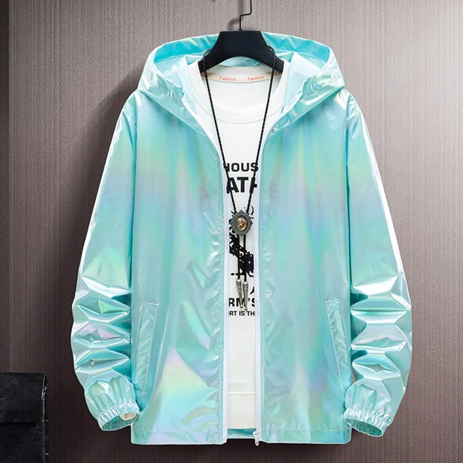 Holographic Jackets for Men's Zipper Hooded Reflective Holographic Jackets Metallic Shiny Lightweight Sparkle Jacket