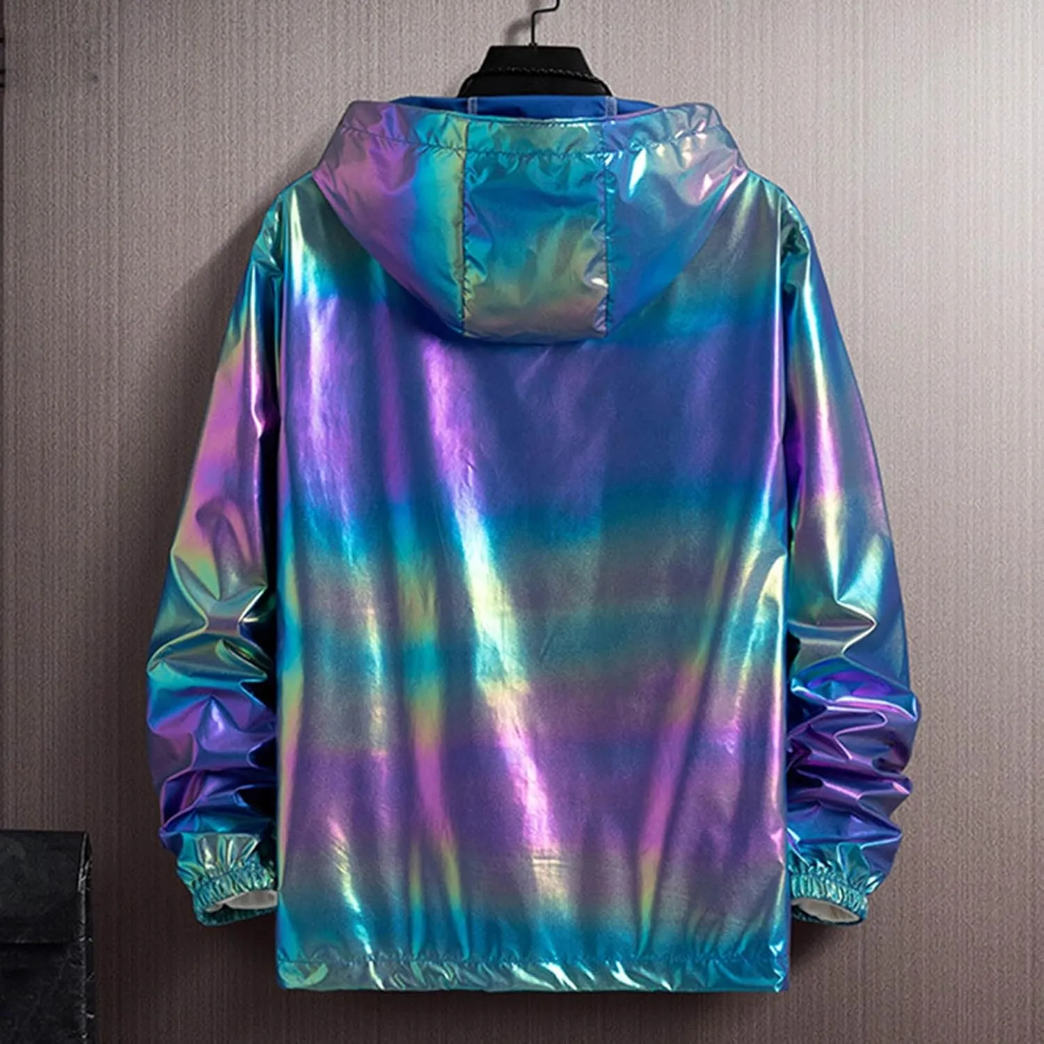 Holographic Jackets for Men's Zipper Hooded Reflective Holographic Jackets Metallic Shiny Lightweight Sparkle Jacket
