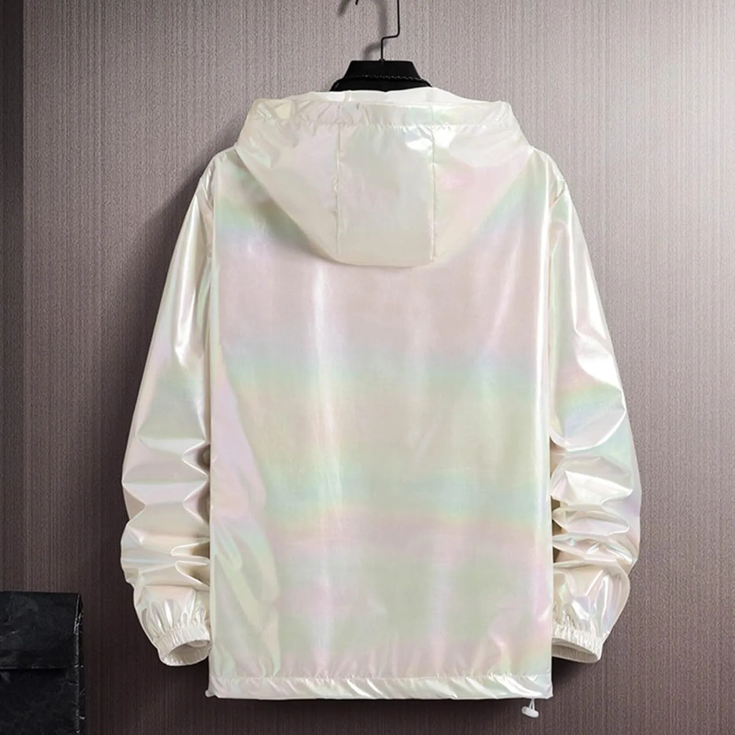 Holographic Jackets for Men's Zipper Hooded Reflective Holographic Jackets Metallic Shiny Lightweight Sparkle Jacket