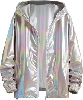 Holographic Jackets for Men's Zipper Hooded Reflective Holographic Jackets Metallic Shiny Lightweight Sparkle Jacket