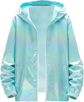 Holographic Jackets for Men's Zipper Hooded Reflective Holographic Jackets Metallic Shiny Lightweight Sparkle Jacket