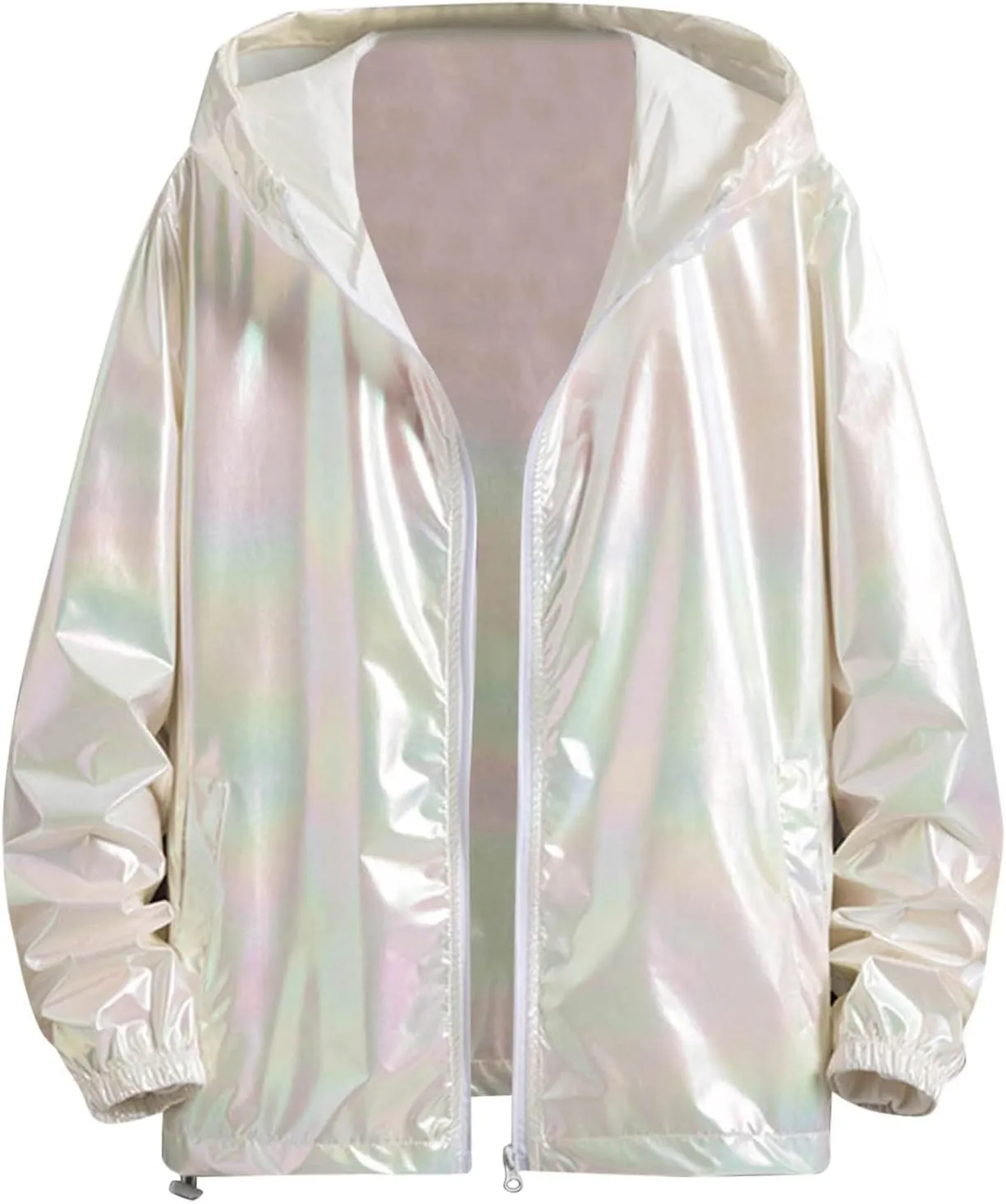 Holographic Jackets for Men's Zipper Hooded Reflective Holographic Jackets Metallic Shiny Lightweight Sparkle Jacket