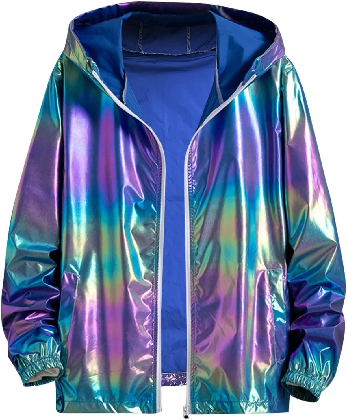 Holographic Jackets for Men's Zipper Hooded Reflective Holographic Jackets Metallic Shiny Lightweight Sparkle Jacket