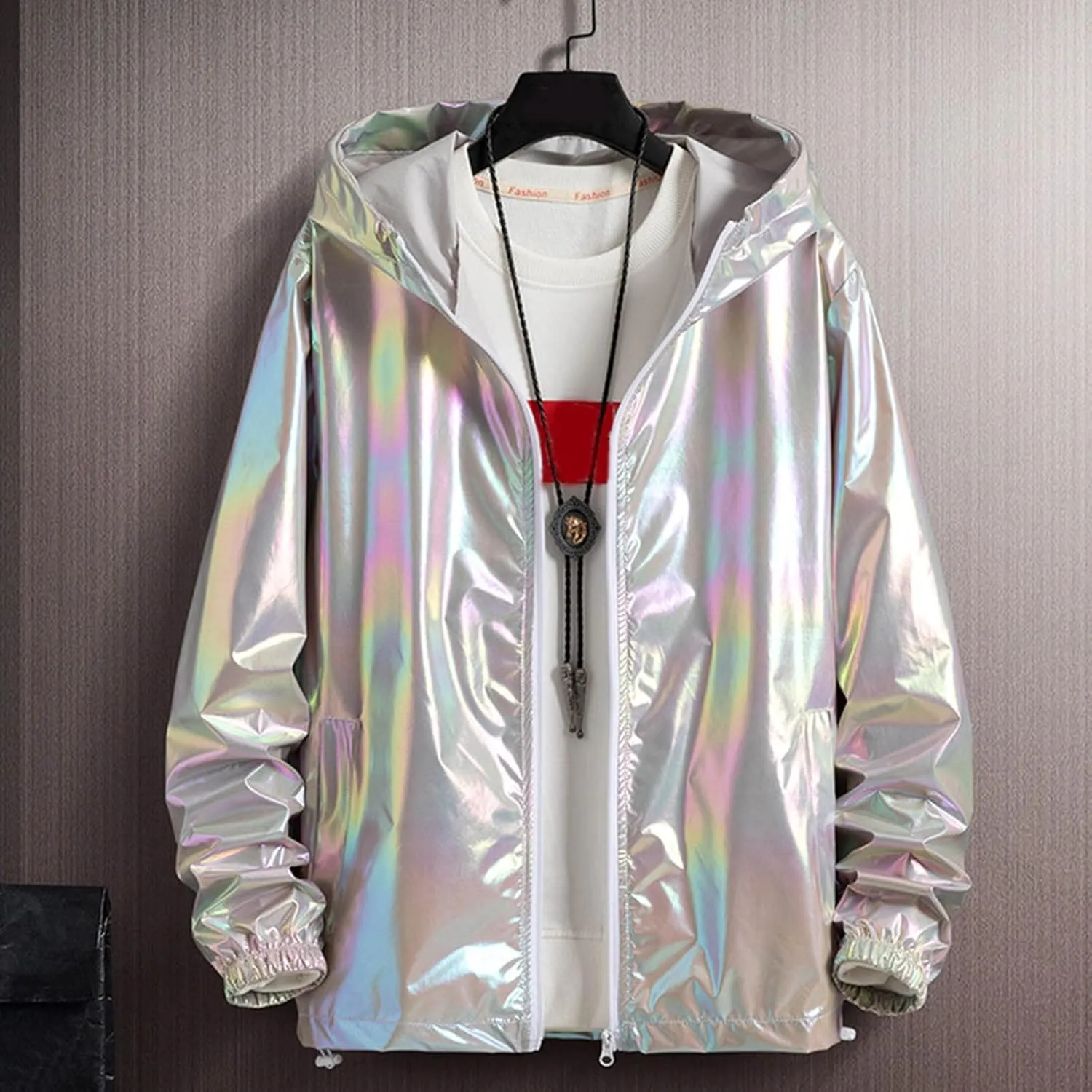 Holographic Jackets for Men's Zipper Hooded Reflective Holographic Jackets Metallic Shiny Lightweight Sparkle Jacket