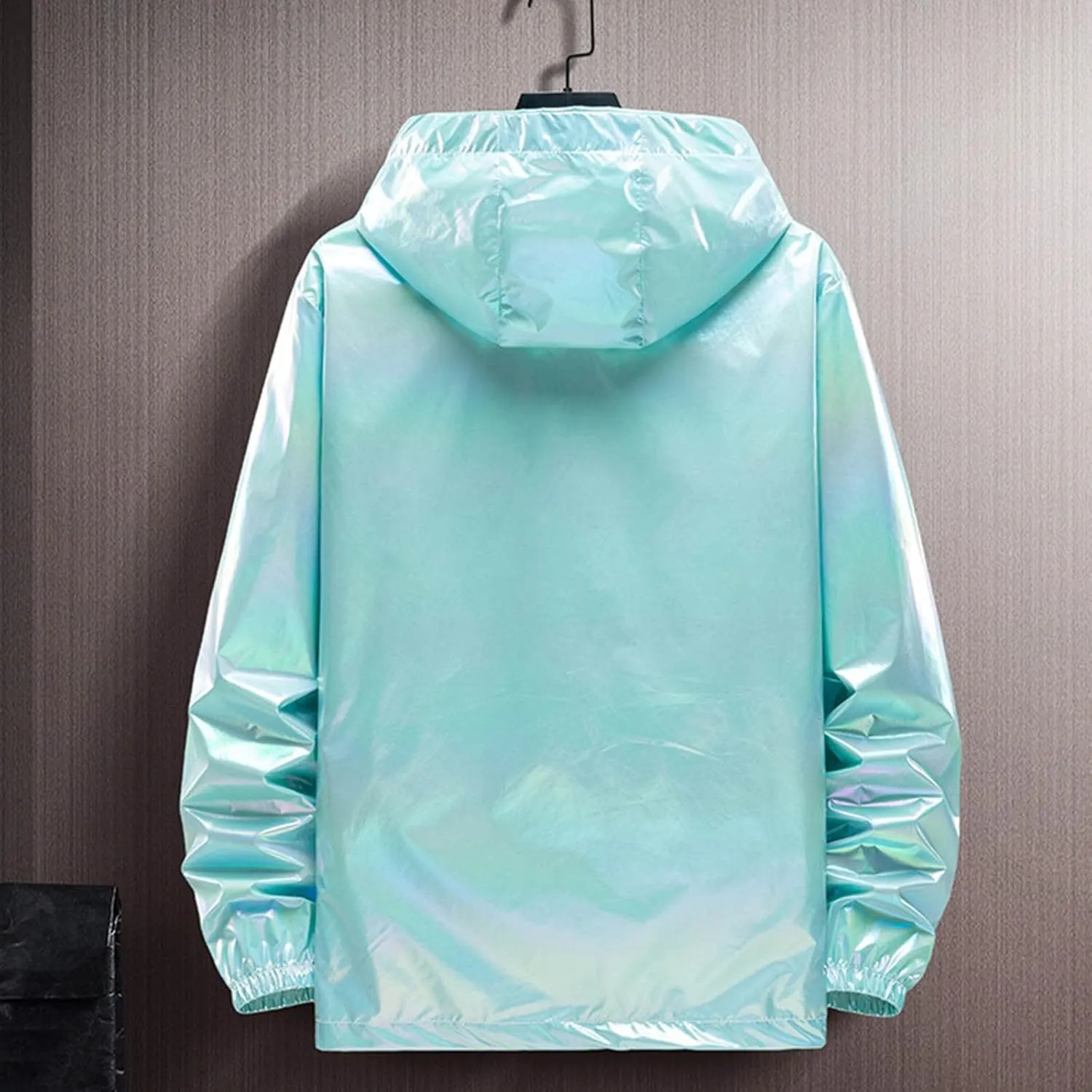 Holographic Jackets for Men's Zipper Hooded Reflective Holographic Jackets Metallic Shiny Lightweight Sparkle Jacket