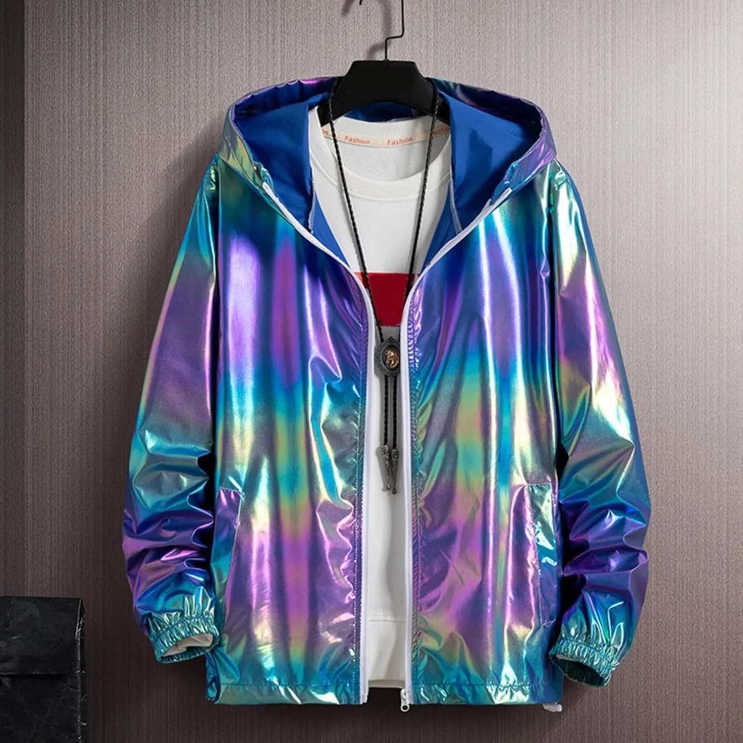 Holographic Jackets for Men's Zipper Hooded Reflective Holographic Jackets Metallic Shiny Lightweight Sparkle Jacket