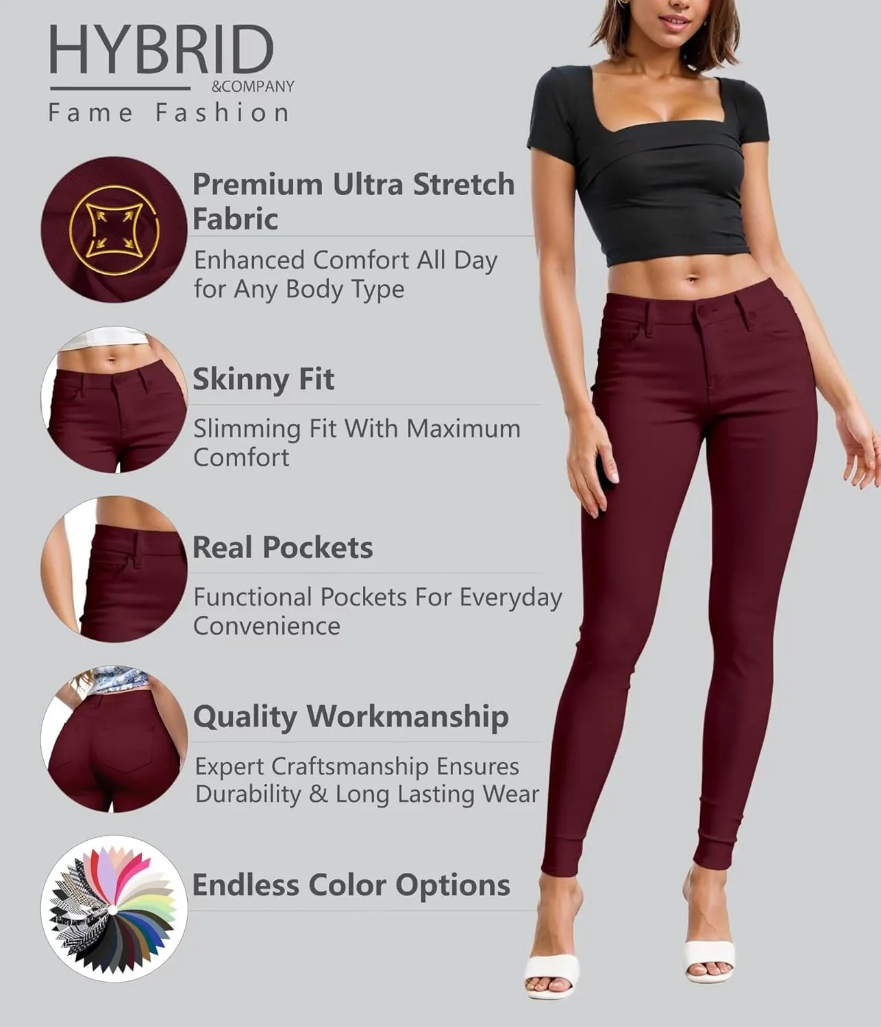 Hybrid & Company Womens Hyper Ultra Stretch Comfy Skinny Leg Work Casual Pants