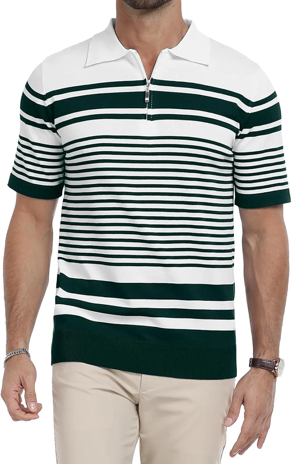 KUYIGO Men's Knit Collared Polo Shirts Short Sleeve Zipper Striped Tops Classic Fit Casual Soft T-Shirt