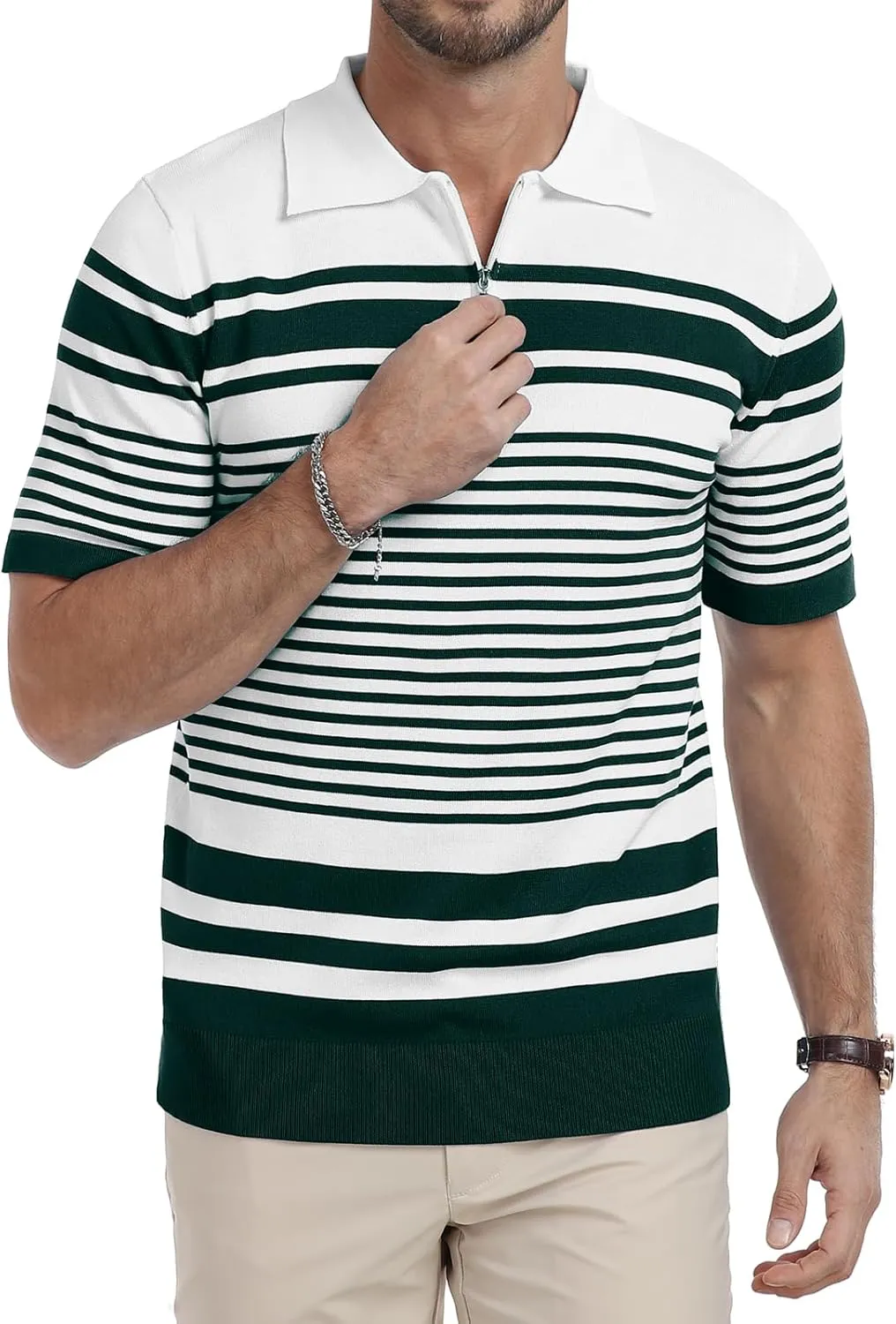 KUYIGO Men's Knit Collared Polo Shirts Short Sleeve Zipper Striped Tops Classic Fit Casual Soft T-Shirt