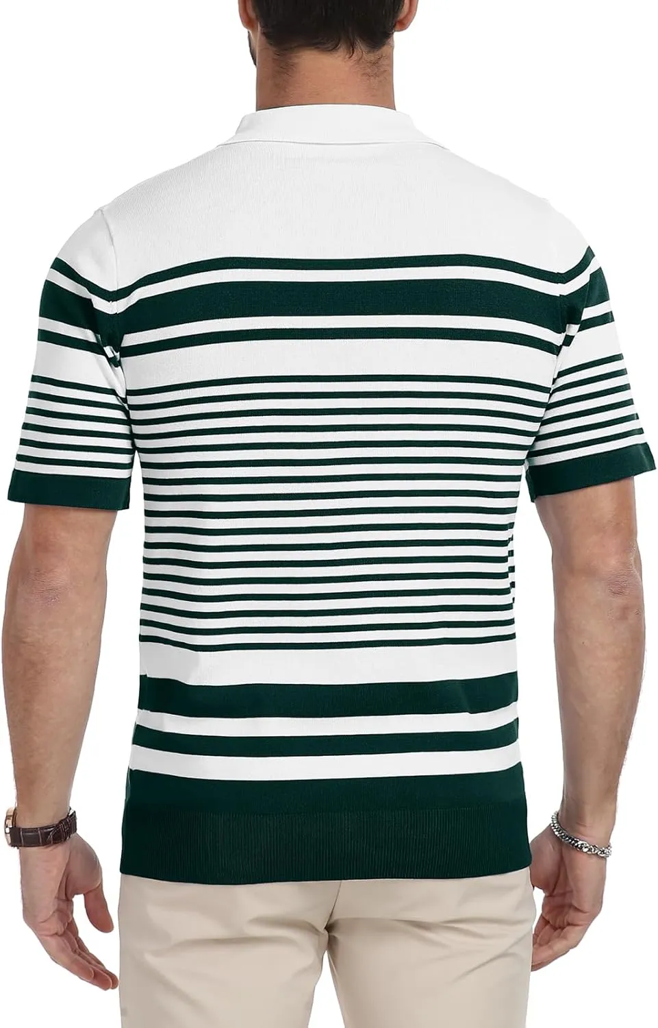 KUYIGO Men's Knit Collared Polo Shirts Short Sleeve Zipper Striped Tops Classic Fit Casual Soft T-Shirt