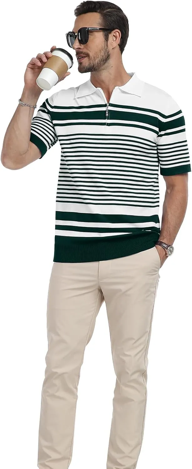 KUYIGO Men's Knit Collared Polo Shirts Short Sleeve Zipper Striped Tops Classic Fit Casual Soft T-Shirt