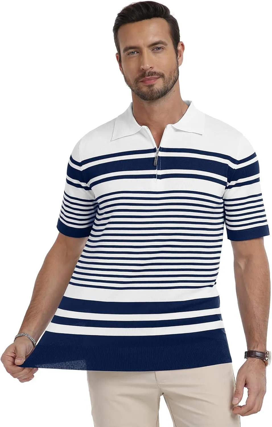 KUYIGO Men's Knit Collared Polo Shirts Short Sleeve Zipper Striped Tops Classic Fit Casual Soft T-Shirt
