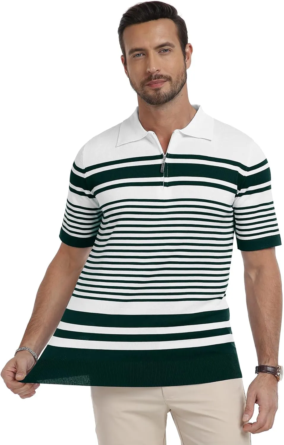 KUYIGO Men's Knit Collared Polo Shirts Short Sleeve Zipper Striped Tops Classic Fit Casual Soft T-Shirt