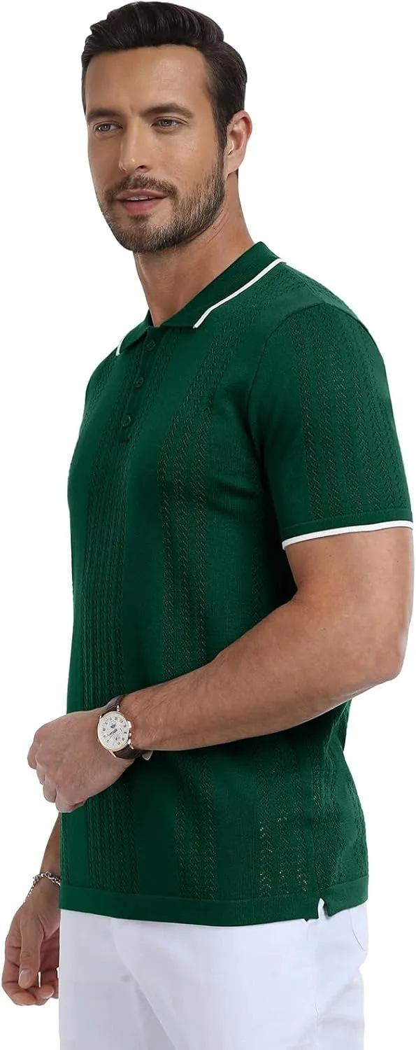 KUYIGO Men's Knit Polo Shirts Short Sleeve Button Collared Shirt Hollow Out Fashion Casual Spring Tops