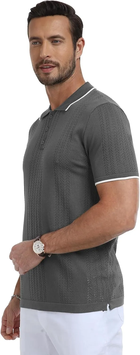 KUYIGO Men's Knit Polo Shirts Short Sleeve Button Collared Shirt Hollow Out Fashion Casual Spring Tops