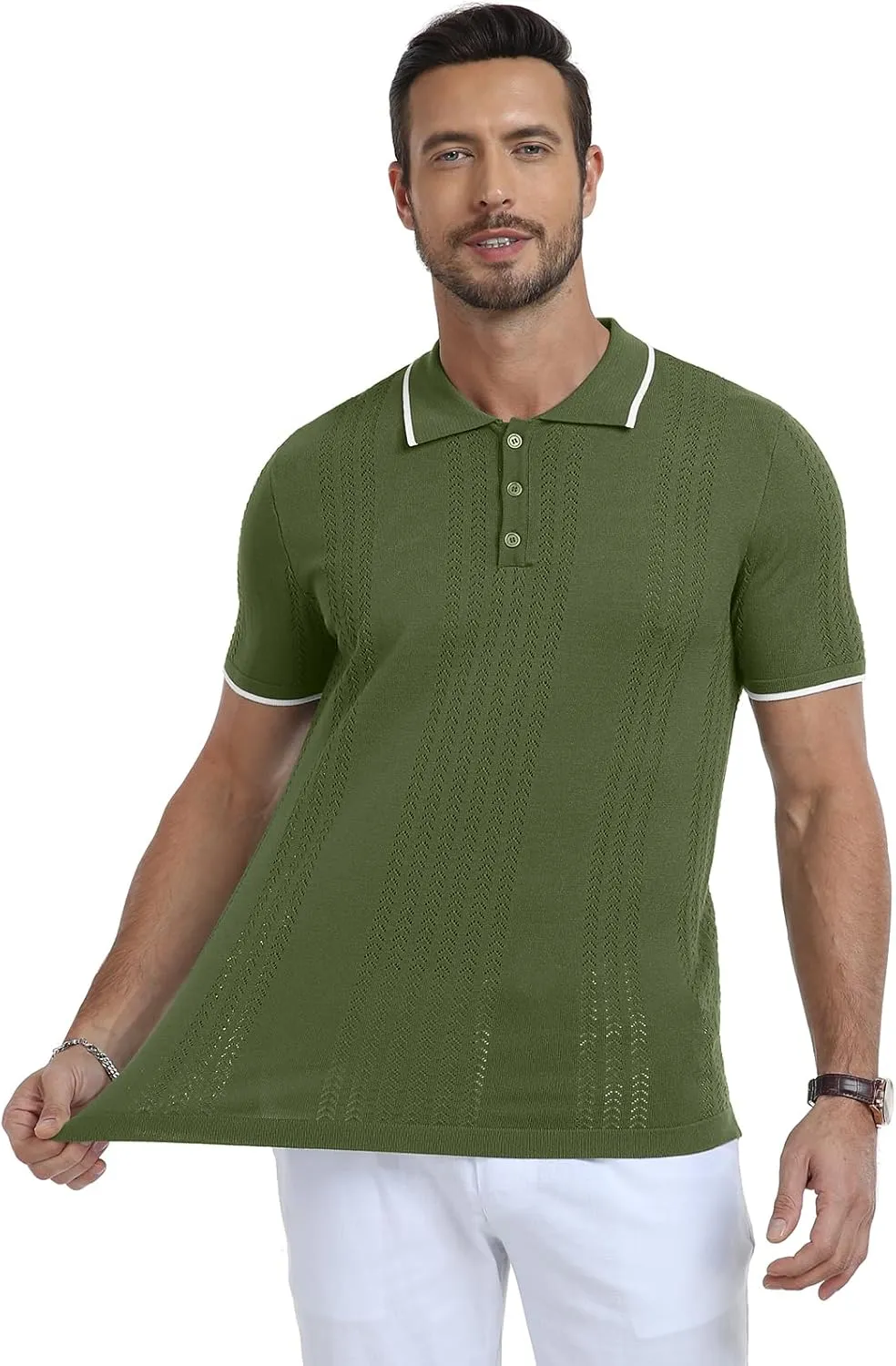 KUYIGO Men's Knit Polo Shirts Short Sleeve Button Collared Shirt Hollow Out Fashion Casual Spring Tops