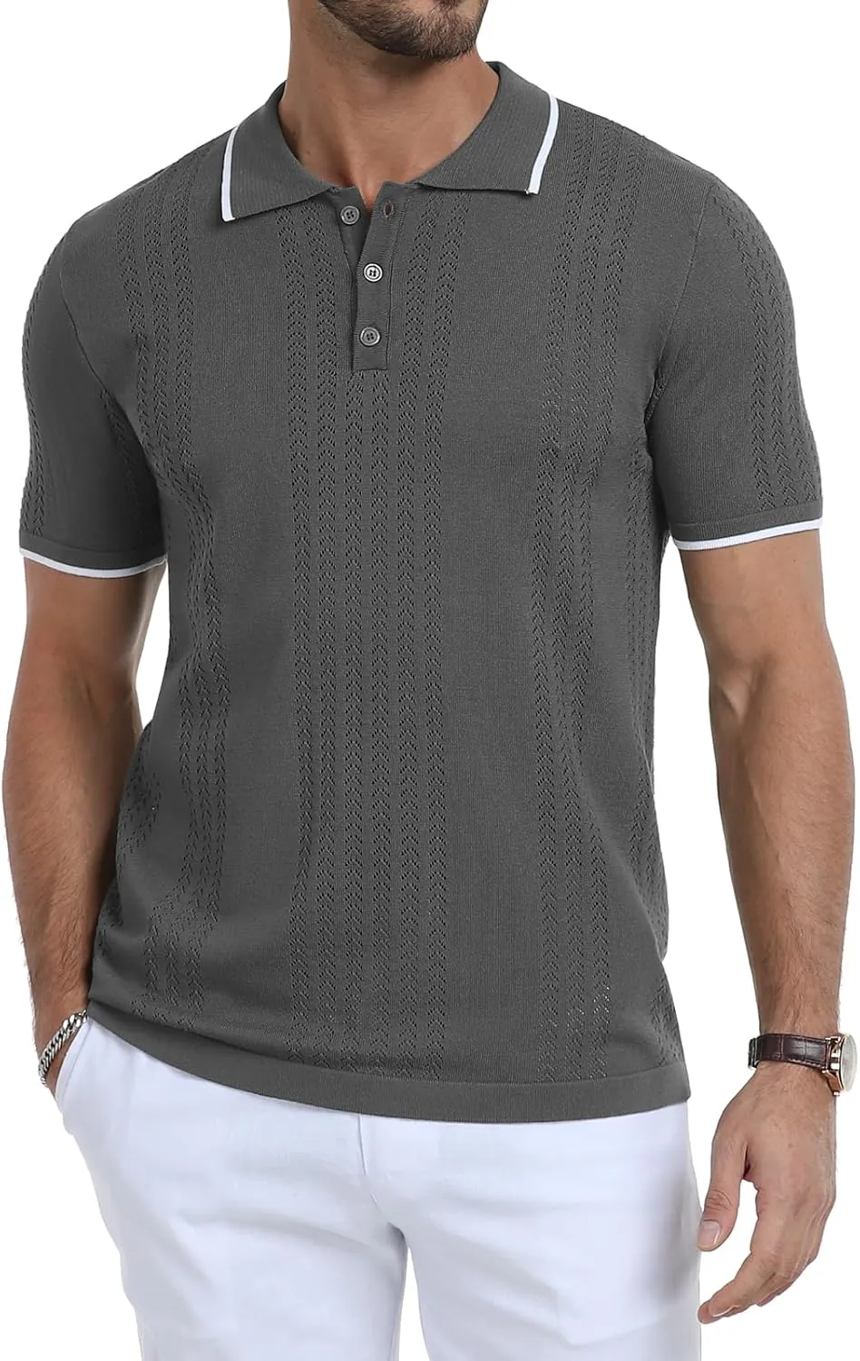 KUYIGO Men's Knit Polo Shirts Short Sleeve Button Collared Shirt Hollow Out Fashion Casual Spring Tops