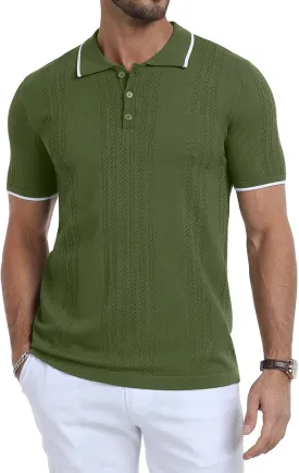 KUYIGO Men's Knit Polo Shirts Short Sleeve Button Collared Shirt Hollow Out Fashion Casual Spring Tops
