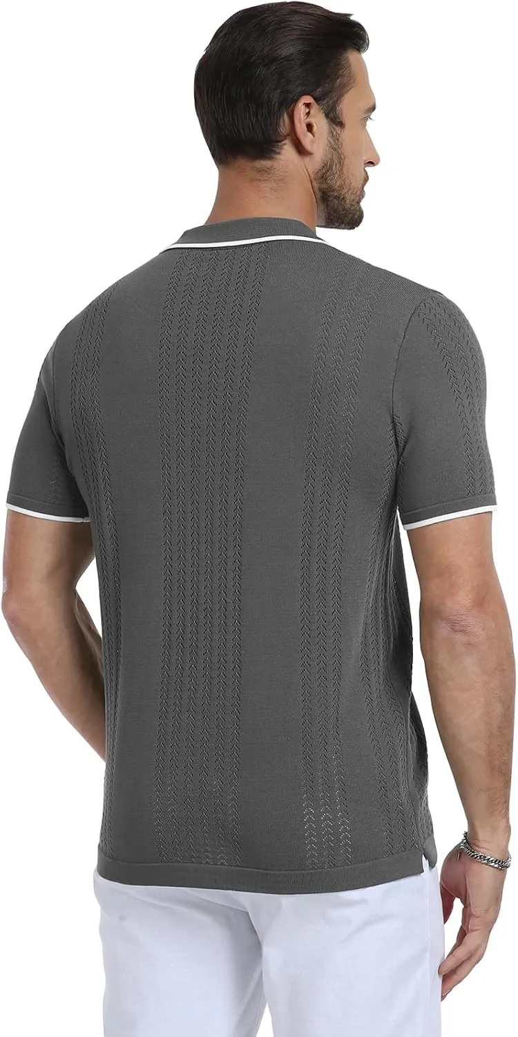 KUYIGO Men's Knit Polo Shirts Short Sleeve Button Collared Shirt Hollow Out Fashion Casual Spring Tops