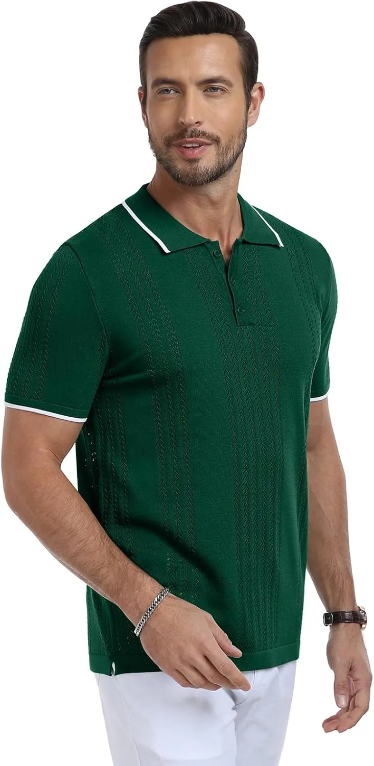 KUYIGO Men's Knit Polo Shirts Short Sleeve Button Collared Shirt Hollow Out Fashion Casual Spring Tops