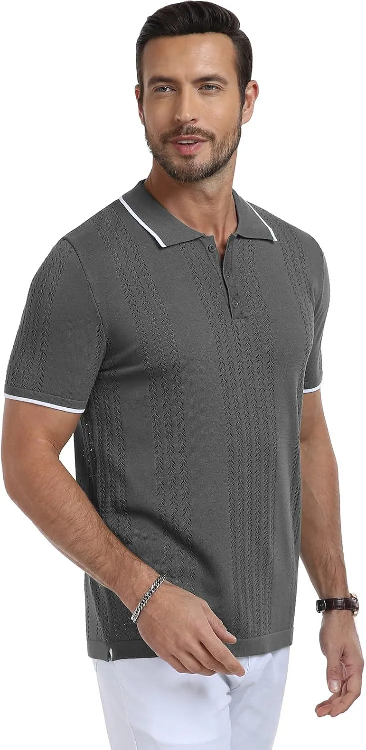 KUYIGO Men's Knit Polo Shirts Short Sleeve Button Collared Shirt Hollow Out Fashion Casual Spring Tops