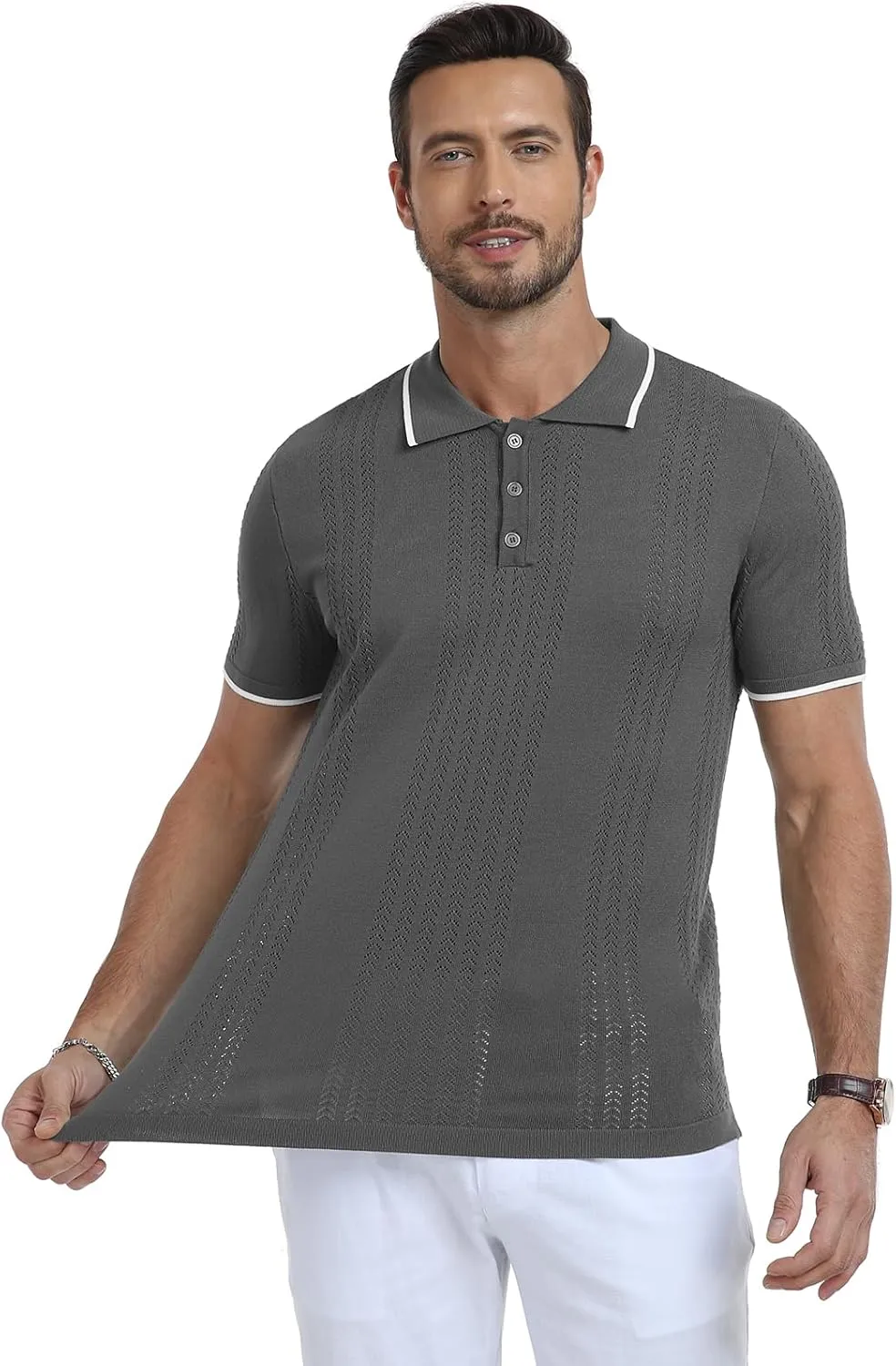 KUYIGO Men's Knit Polo Shirts Short Sleeve Button Collared Shirt Hollow Out Fashion Casual Spring Tops