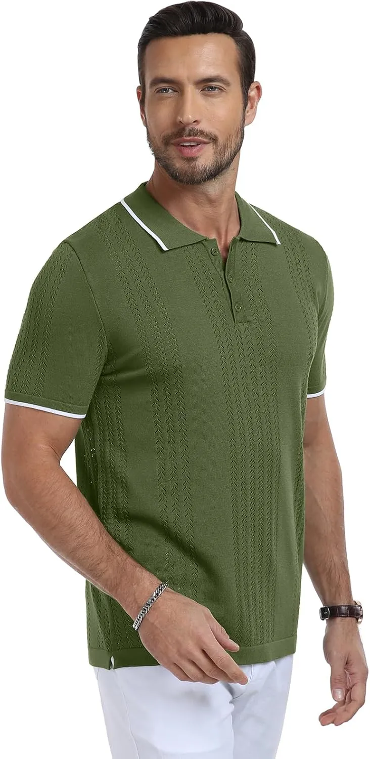 KUYIGO Men's Knit Polo Shirts Short Sleeve Button Collared Shirt Hollow Out Fashion Casual Spring Tops